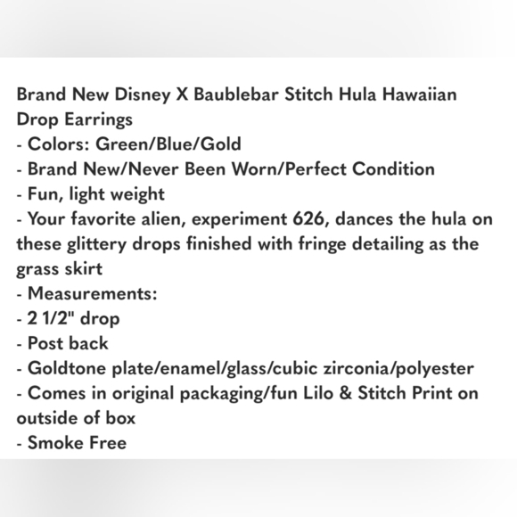 🔹️Disney 🔹️X Baublebar Stitch Hula Hawaiian Drop Earrings NEW IN BOX ✨️🌸 - Picture 3 of 5